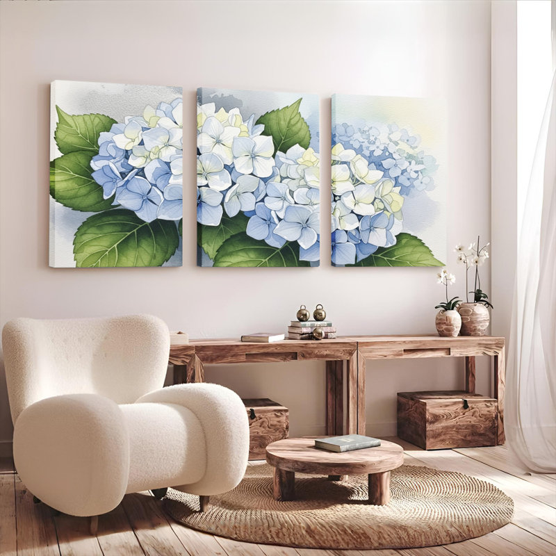 Tableau mural sur toile tendue à motif floral d'hortensias bleus et blancs (ensemble de 3), H 24 po x l 48 po