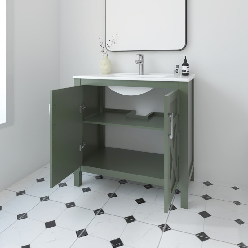 Meuble-lavabo autoportant 36 po Anvay en vert forêt avec plateau en céramique blanche Anvay, Vert forêt