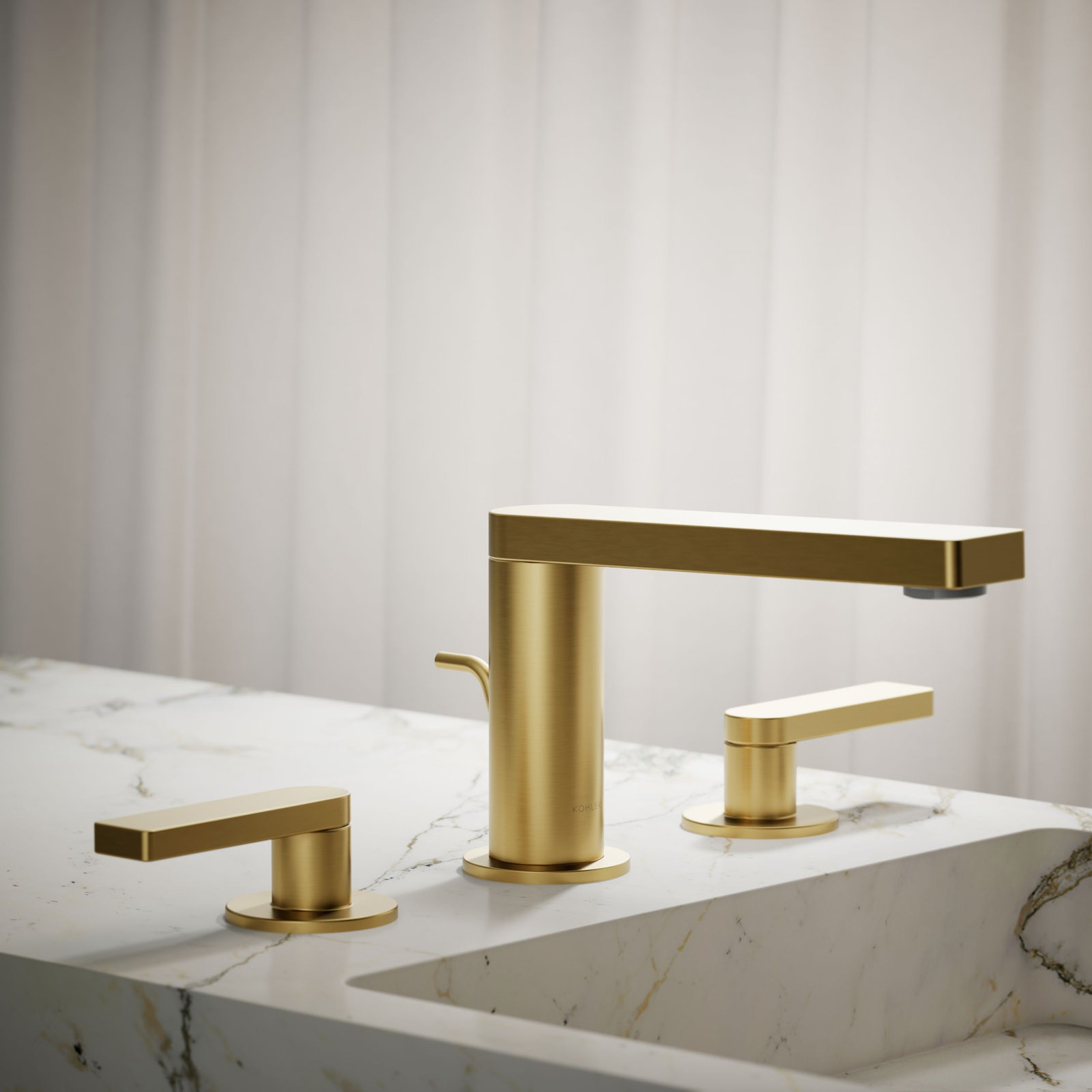 Composed Widespread Bathroom Faucet with Drain, Brushed Brass