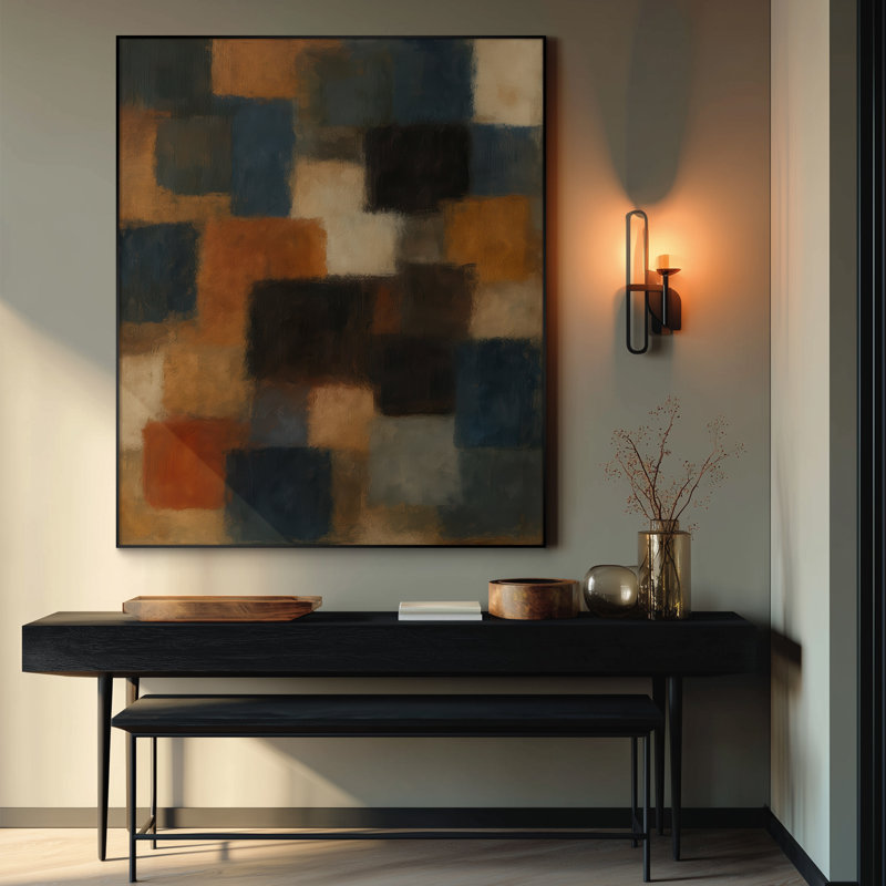 Extra Large Wall Art Fabric Print - Rustic Multicolor Block Pattern in Blue Orange and Beige Artwork Decor for Living Room or Bedroom - "Frame Assembly Required (Unfinished Frame)"