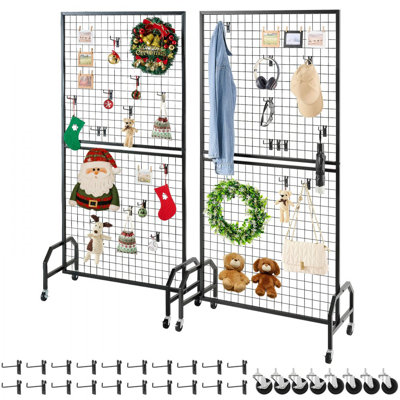 Grid Wall Panels, 2.9 x 5.9 ft Wire Grid Panels Display Rack, Movable Art Display Shelf with Wheels and 10 Hooks, Black Carbon Steel Gridwall for Craft Show, Decor, Storage, Notice Board