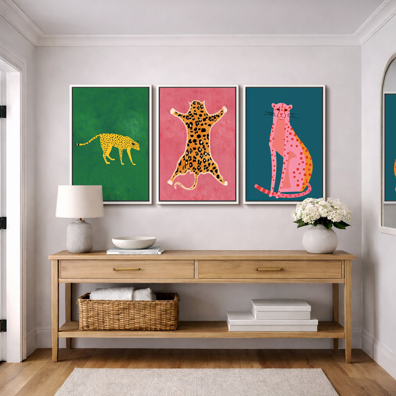 Bright Preppy Animals "Pop Vibrant Bold Green Pink Blue Artwork, Chic Tiger Leopard Colorful Wall Pictures, 3 Pieces Framed Canvas Giclee Digital Print Wall Art"
