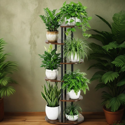 6 Tier Wooden Plant Stand For Indoor Plants, Tall Corner Plant Shelf With Metal Frame For Multiple Potted Flowers, Space Saving Design For Living Room, Balcony, Bedroom Or Patio