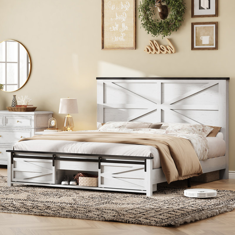 Revan 49" H Farmhouse Bed Frame With Sliding Barn Door Storage Cabinets, Full / Double, Red Brown