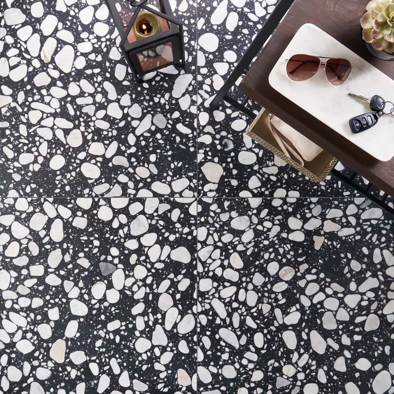 Terrazzo Italy Sacra 24x24 Honed Marble Tile, Sacra Black & White