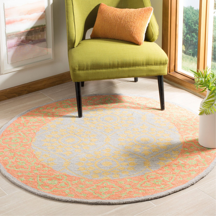 Guzi Hand Hooked Wool/Cotton Floral Rug in Orange/Silver