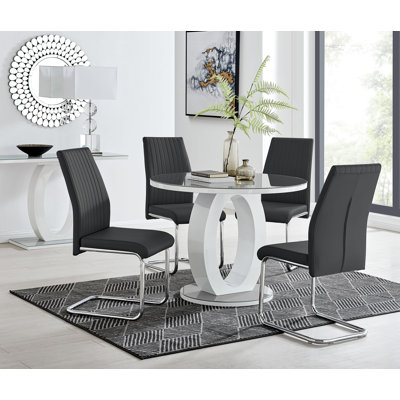 Scottsmoor 4 Seater High Gloss Round Dining Table Set with 4 Luxury Faux Leather Dining Chairs