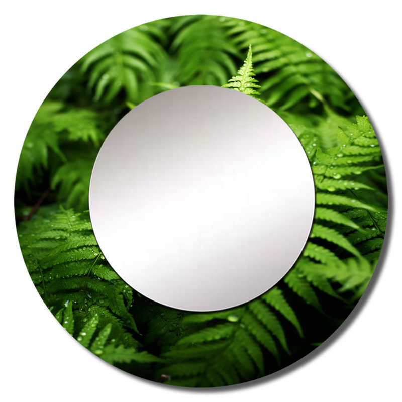 «Green Fern Fond I» - grand miroir floral, décor de miroir mural rond unique vert, impression sur métal, 36 po x 36 po