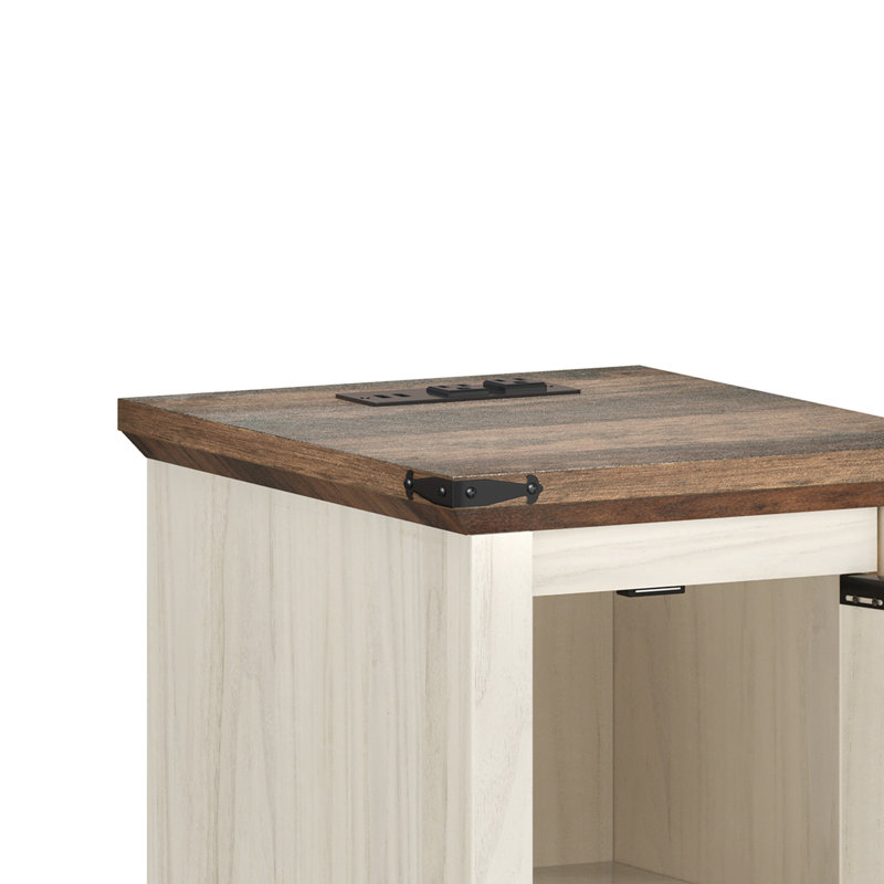 Rustic Farmhouse End Table with Built in Charging Ports, LED Accent Light & Hidden Storage, Brown/Whitewash