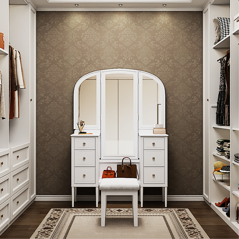 Ensemble de coiffeuse à maquillage antique blanc avec miroir triple et 6 tiroirs, ensemble de coiffeuse élégant avec tabouret pour chambre à coucher et vestiaire