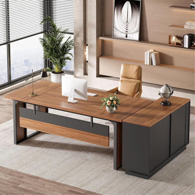 Bureau de direction en L de 63 pouces avec classeur de 47 pouces, bureau d'ordinateur moderne avec tiroirs et tablettes de rangement ouvertes, mobilier de bureau professionnel pour bureau personnel, brun et noir