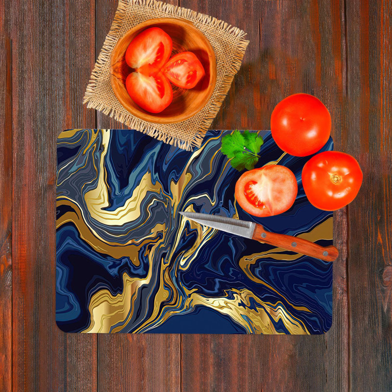 Blue and Gold Abstract Pattern Glass Art Print Featuring Alcohol Ink Design on a Tempered Glass-Like Background Ideal for Modern Home Decor