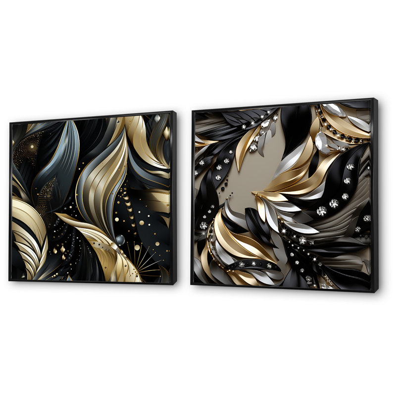 Noir profond et élégance dorée - ensemble de 2 impressions sur toile abstraites, Cadre noir, H 30 po x l 61 po x P 1 po