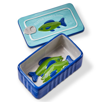 Blue Tinned Fish Trinket Dish - Decorative Tray & Platter, Everyday Use, 5" L x 3" W x 1.75" H, Spot Clean