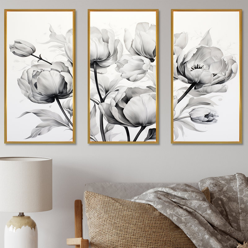 Minimalisme noir blanc tulipes symphonie I - ensemble d'art mural tulipes, Cadre flottant doré, H 28 po x l 36 po x P 1 po
