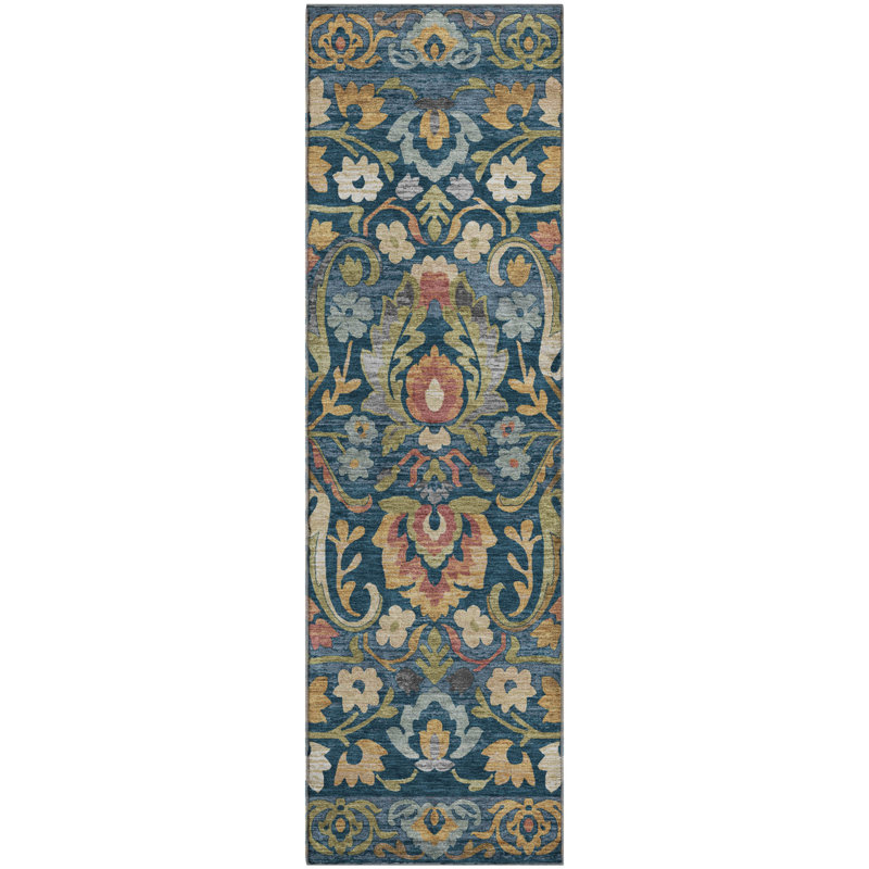 Premium Machine Washable Mayfield AMF2193 floral Rug, 2'3" x 7'6" Runner, Navy
