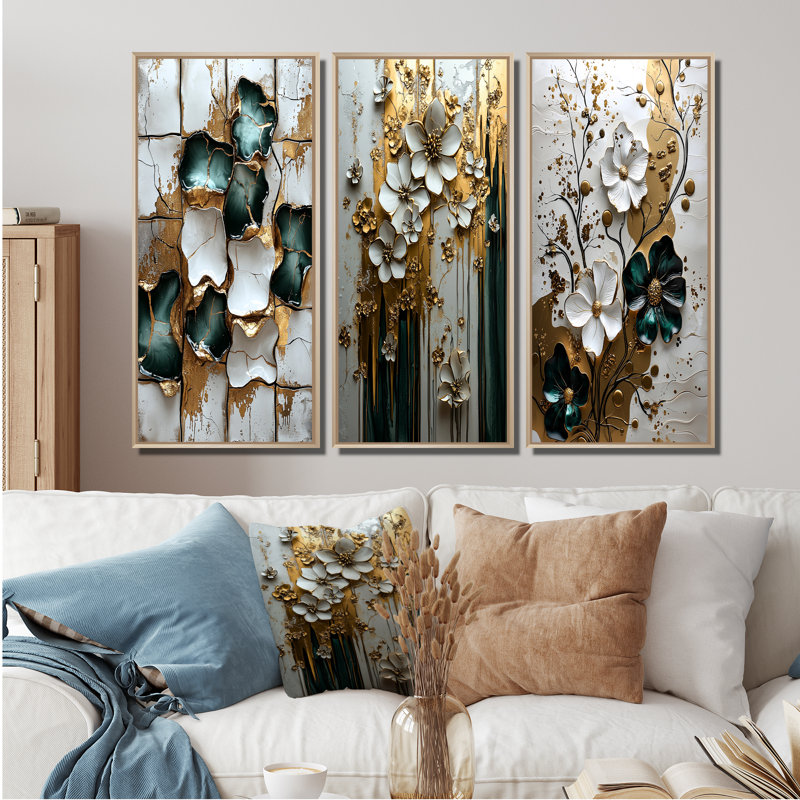 Vert et blanc fleurs élégantes arctiques I - Collection d'art mural de carreaux abstraits gris, H 40 po x l 60 po
