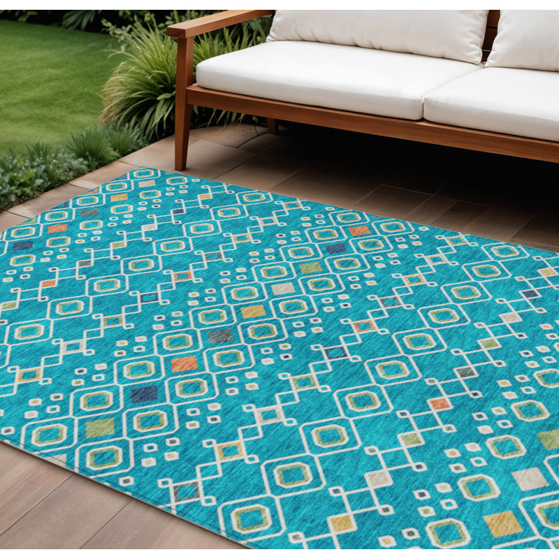 Tapis intérieur / extérieur ivoire et doré 9 pi x 12 pi bleu sarcelle à motif géométrique lavable