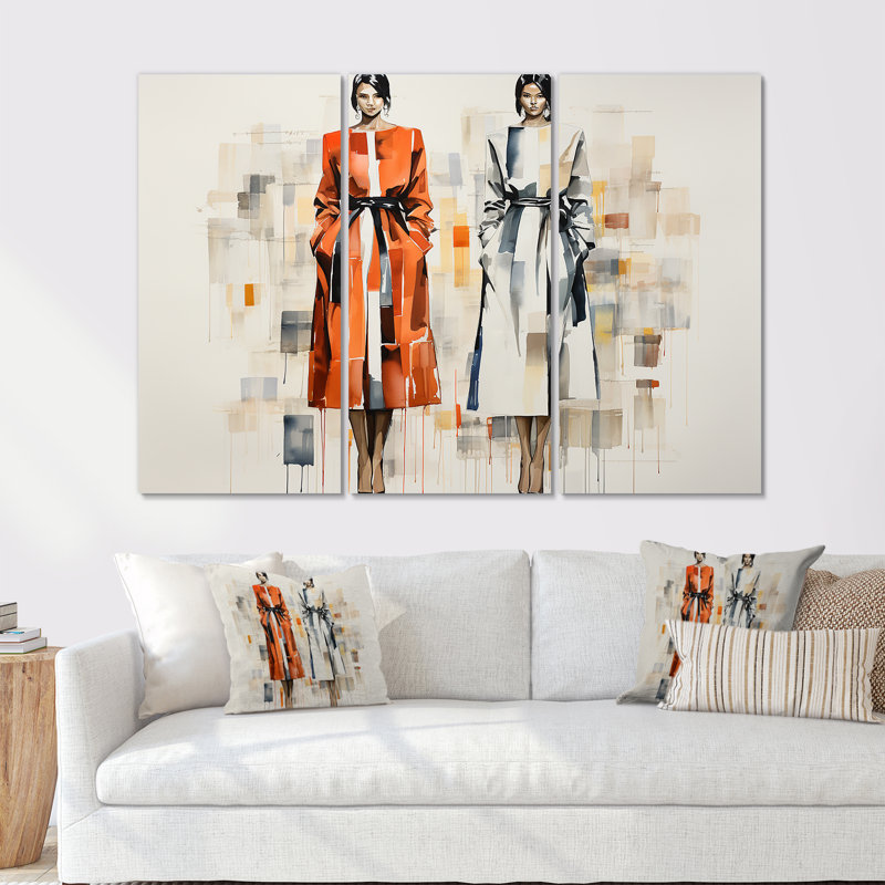 Orange chic, filles élégantes - art mural tendance, Toile tendue, H 40 po x l 60 po