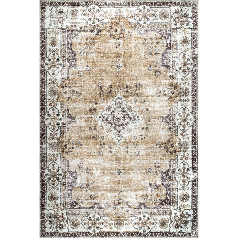 Paisley SpinClean Machine Washable Faded Floral Border Medallion Area Rug, Rectangle 4' x 6'