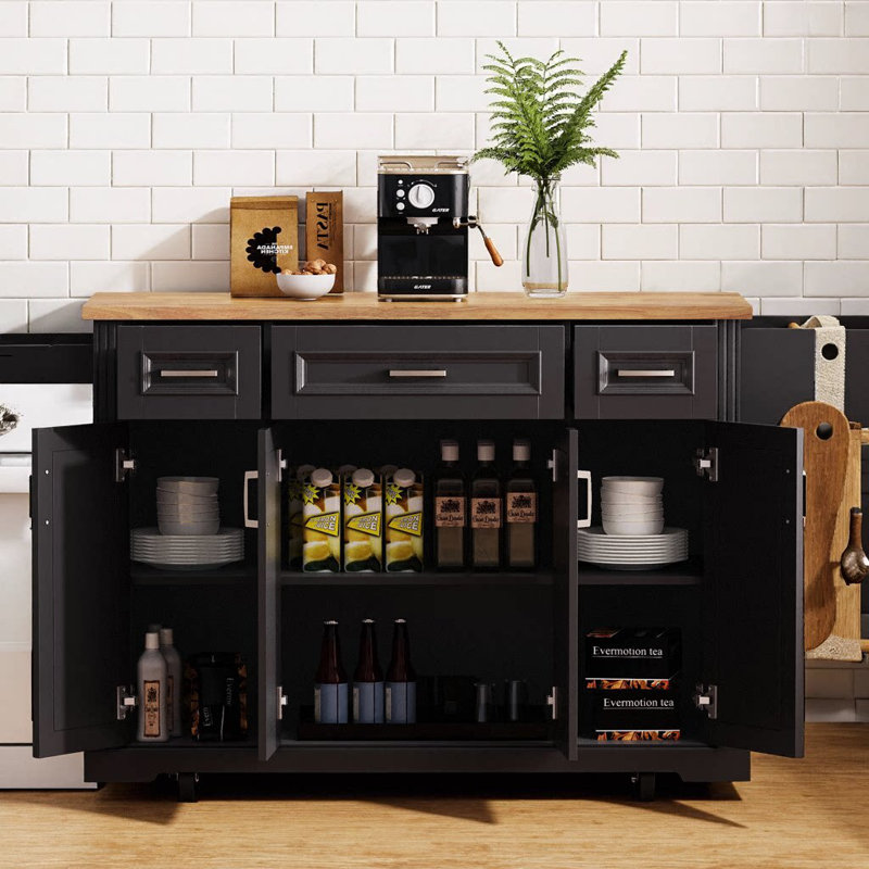 54" Kitchen Island with Rubber Wood Drop Leaf, Embossed Texture Panel, 4 Doors, 3 Drawers, Spice & Towel Racks, Lockable Wheels
