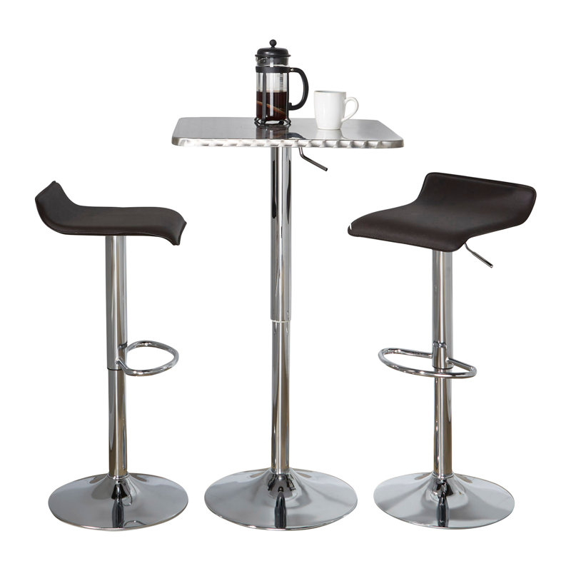 Ensemble de bar réglable 3 pièces, table de 25,5 po, métal et PVC, ensemble de bar 3 pièces, brun / argent, avec tabourets à hauteur réglable et revêtement en similicuir
