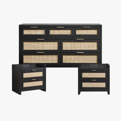 Rattan 3-piece Bedroom Set With Usb Charging Ports (6-drawer Dresser + 2 Nightstands)