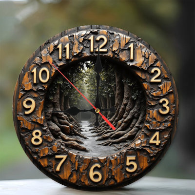 Wooden Wall Clock Tree Roots River Landscape