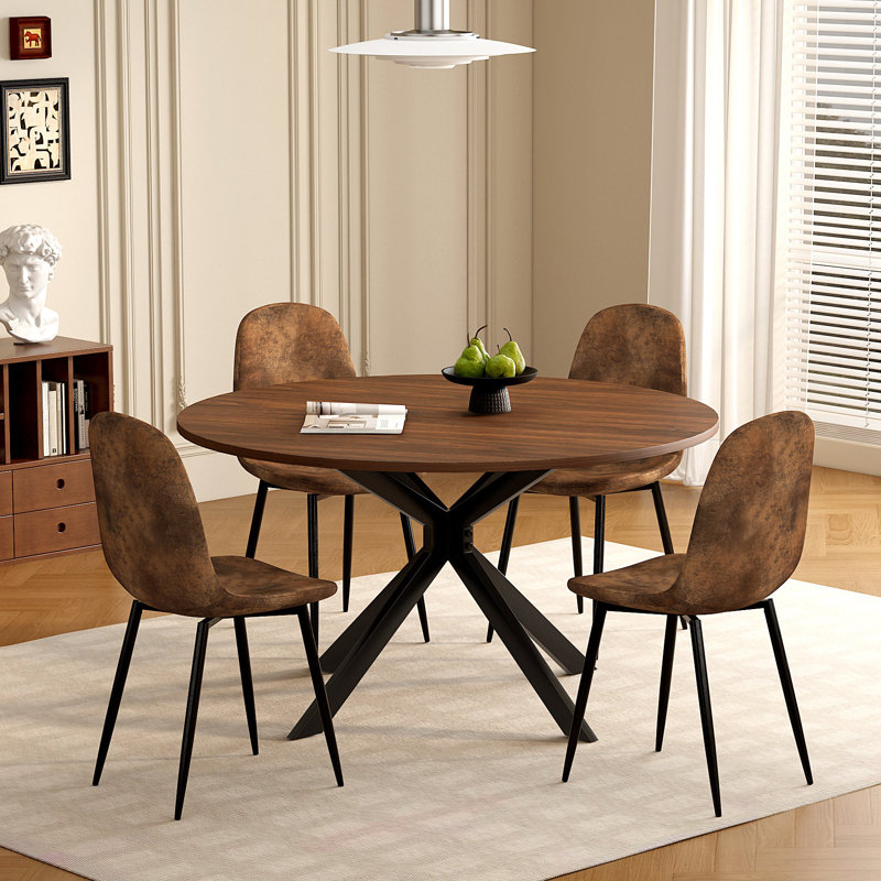 Table de salle à manger 47,2 "à grain de bois rond avec 4 chaises rembourrées en tissu brun pour cuisine moderne, salle à manger, salon