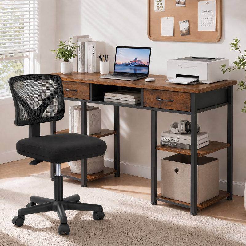 Ensemble de bureau et de chaise: bureau d'ordinateur de 48 pouces et chaise en filet noir à hauteur réglable, Brun / Noir