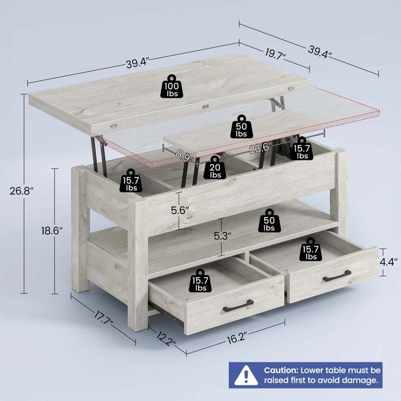 Lift Top Coffee Table with Storage, Gray, 18.6'' H x 39.4'' L x 39.4'' W