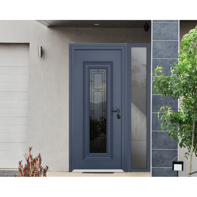 Porte d'entrée extérieure prémontée en acier Ballucio 6044 Gris Graphite, fenêtre latérale extérieure avec inserts en acier inoxydable, style moderne, peinte, largeur 36+14 po x hauteur 80 po, ouverture à gauche vers l'intérieur