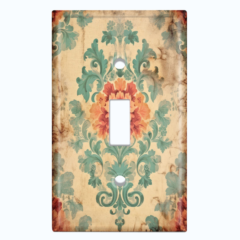 Metal Light Switch Plate Outlet Cover (Elegant Biege Damask Rose - Single Toggle)