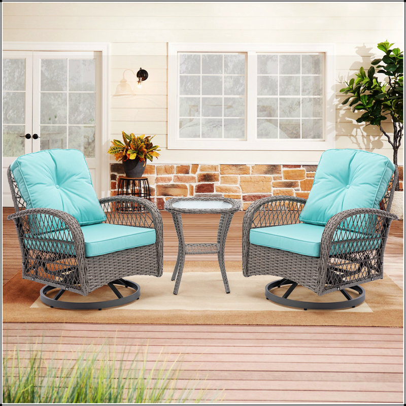 Ensemble de 3 chaises de patio à bascule pivotantes pour l'extérieur, ensemble de conversation berçant à 360 degrés, Bleu