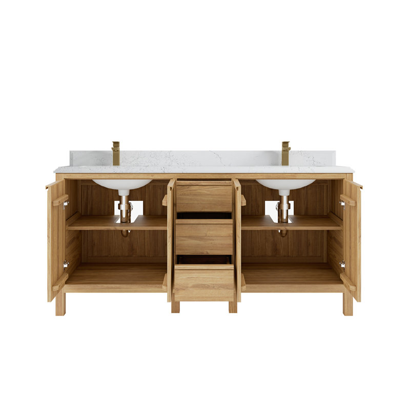 72'' Light Natural Teak Double Sink Bathroom Vanity with Quartz Top