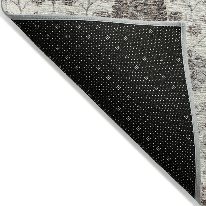 3' X 5' Ivory Brown And Gray Floral Washable Indoor Outdoor Area Rug