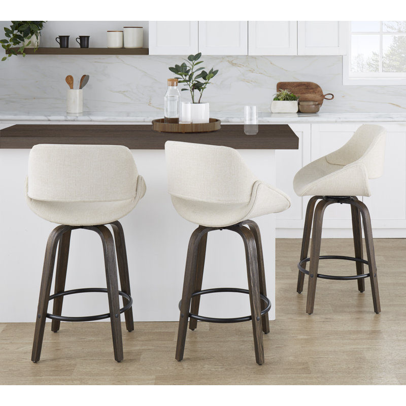 Najrin Upholstered Bar & Counter Stool with Round Footrest, Counter Stool (26" Seat Height), Cream, Glazed Walnut/Black