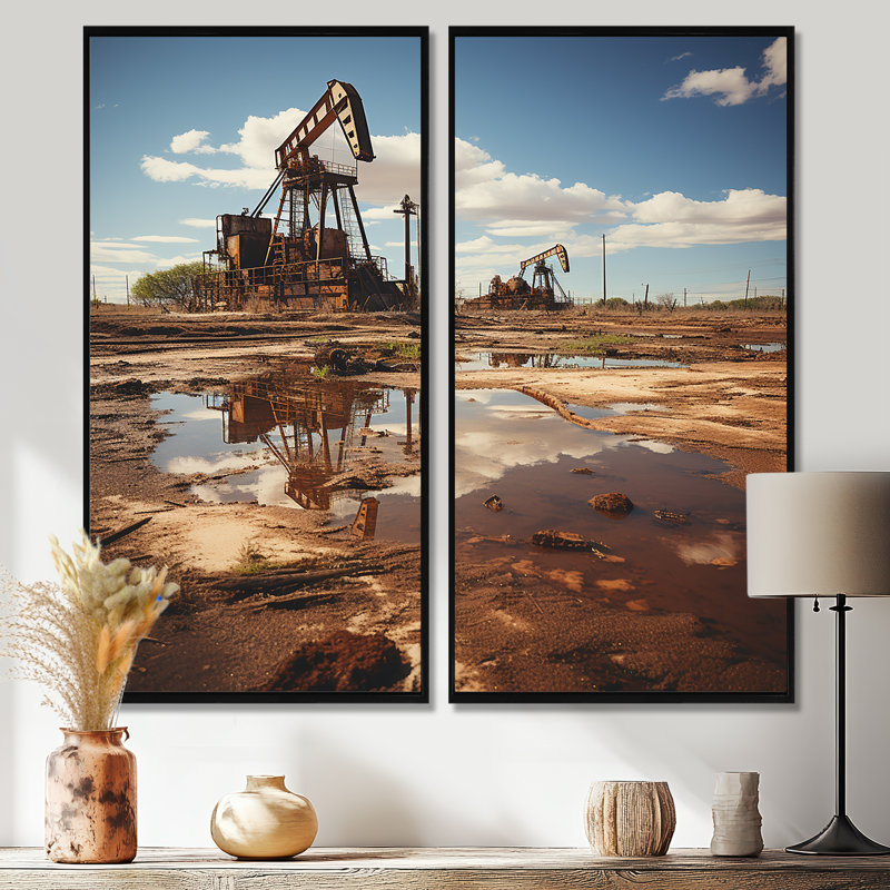 Photographie de champ de pétrole du Texas - art mural beige, H 20 po x l 24 po, Reproduction encadrée sans passe-partout