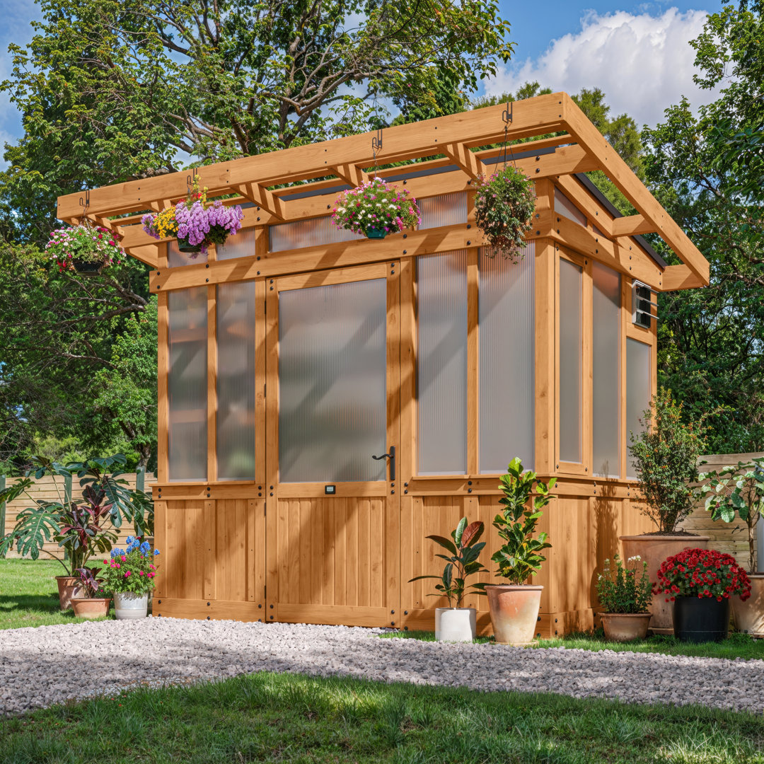 Backyard Discovery Poppy Cedar Wood Polycarbonate Greenhouse With Pergola Front And Powerport 2.7m X 1.7m (9ft X 6ft)