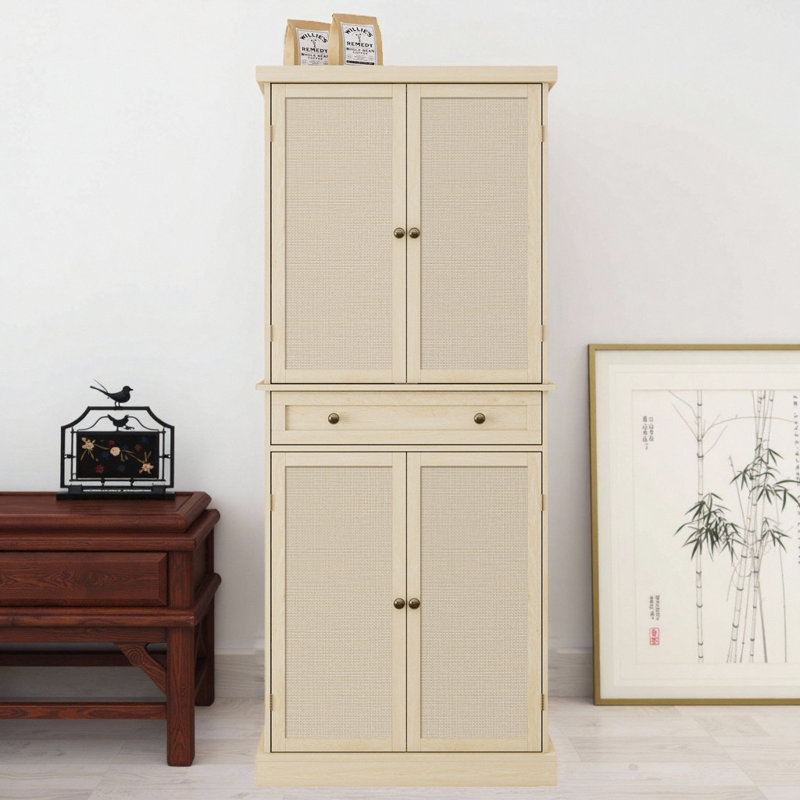 Armoire d'appoint 72 po moderne en rotin 72 po - 4 portes avec tablettes réglables, Naturel