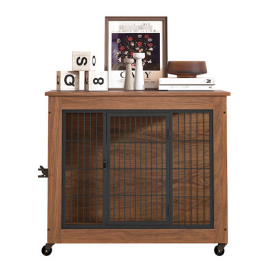 32.5" Dog Crate Furniture With Wheels For Small Dogs, Double - Doors Metal Kennel Indoor, Wooden Pet Cage End Table, Safe And Comfortable Anxiety Dog, Good Visibility Air Circulation, Brown Steel