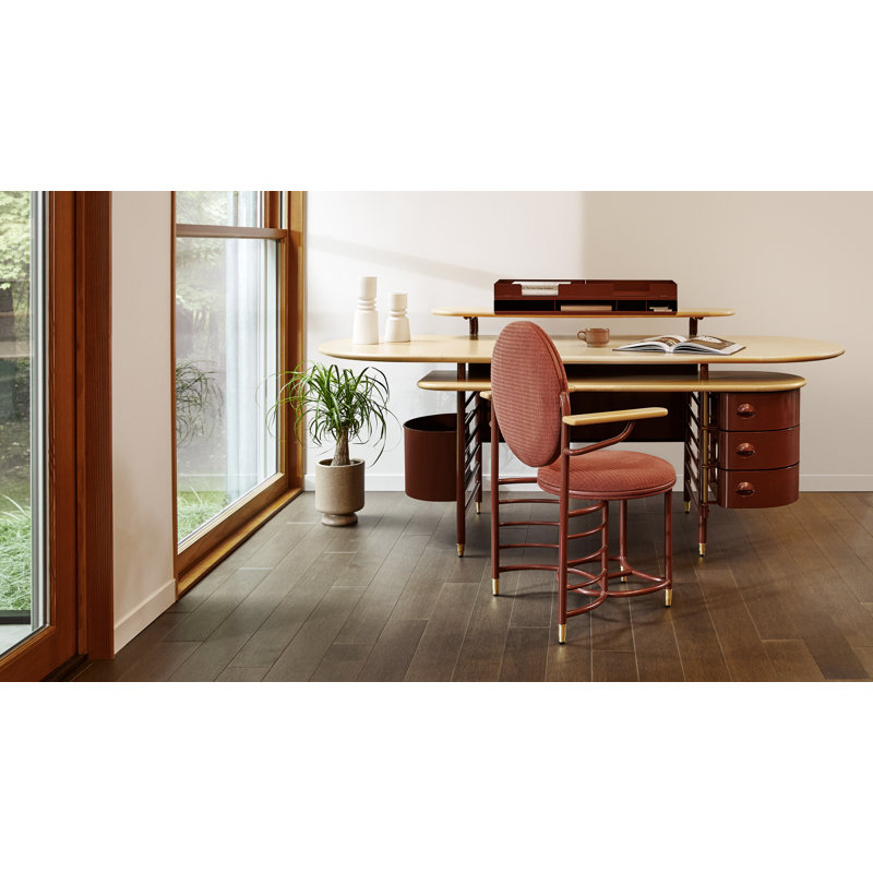 Frank Lloyd Wright Racine Signature Guest Chair with Arms, Linen Beige 100% Polyester, Warm White