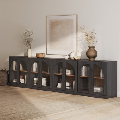 Set of 4 Arched Sideboard Cabinet w/Glass Doors & Shelf, Ebony