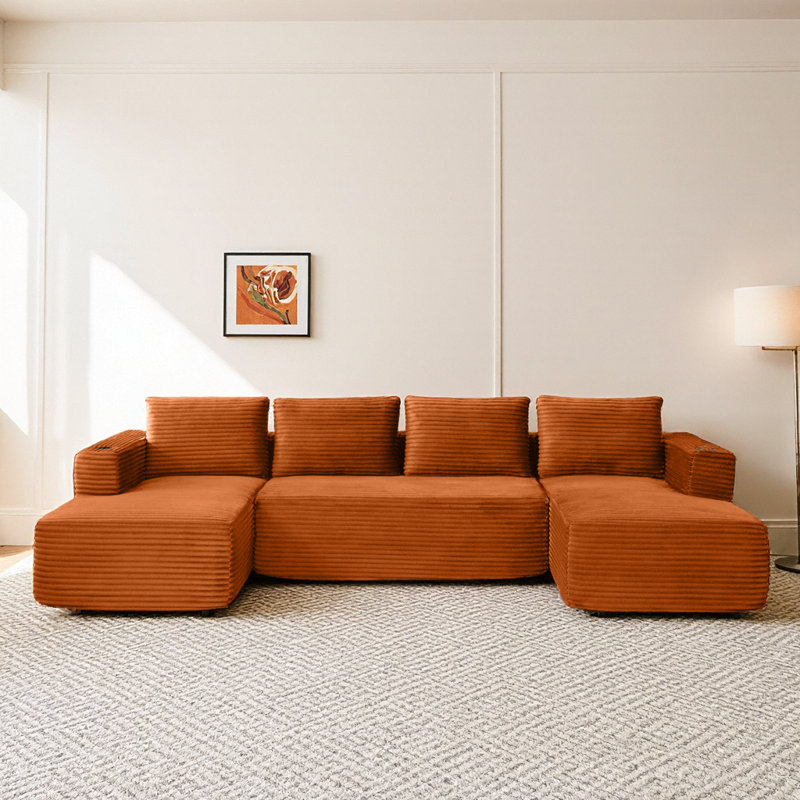 Canapé modulaire en forme de U 132 po Corduroy Cloud, sans assemblage, avec méridienne et porte-gobelets, bleu, 4 places