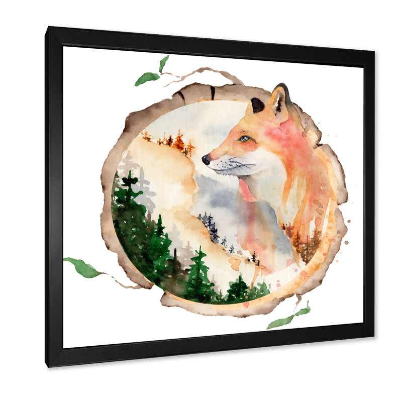 Paysage de pin et de renard en hiver - Toile traditionnelle, Cadre photo noir, H 16 po x l 16 po x P 1 po