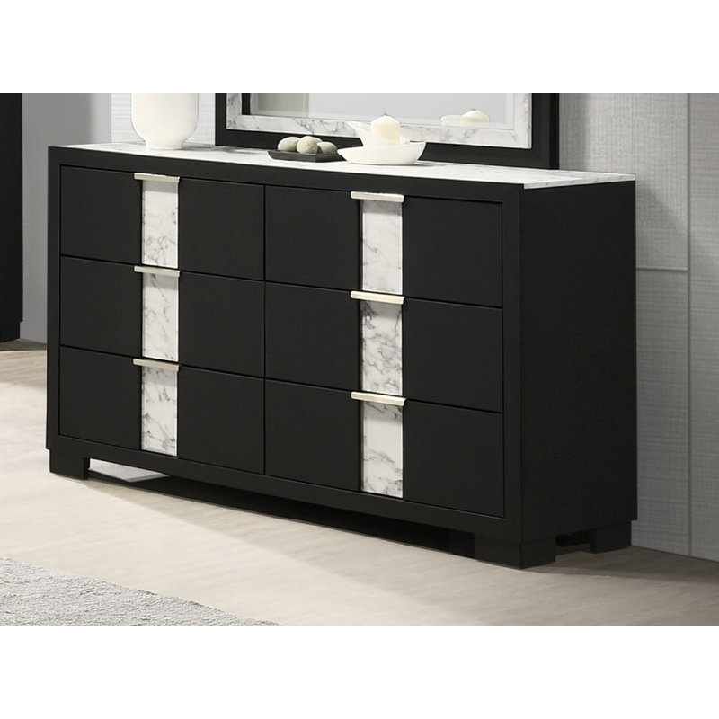 1Pc Contemporary Dresser Six Drawers Metal Knobs Bedroom Wooden Furniture, Black/White