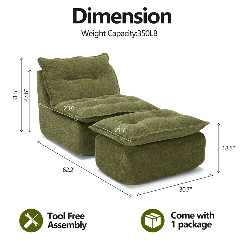 Upholstered Chaise Lounge with Moveable Ottoman, Indoor Soft Cozy Sofa , Green