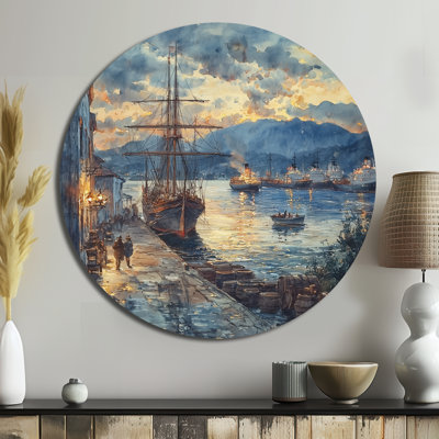 «California Gold Rush Old Landscape I», art mural en métal bleu traditionnel, impression des États-Unis sur un cercle en métal
