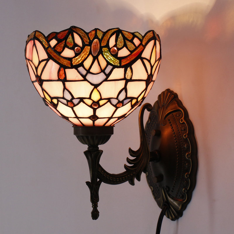 Tiffany Wall Sconce Lamp Stained Glass 8X10.5X11 Inch Plug in Wall Bedside Light for Hallway Bedroom (Pink Baroque Style)