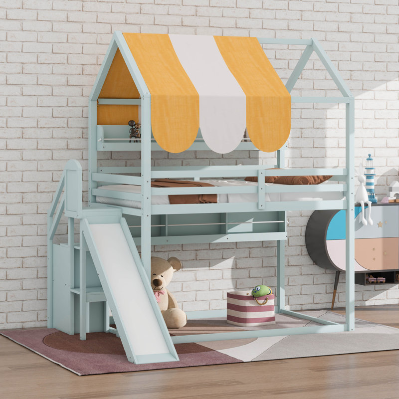 Full Size House Bed With Canopy & Slide, Built-In Bookshelves, Solid Wood Loft Frame, Light Green